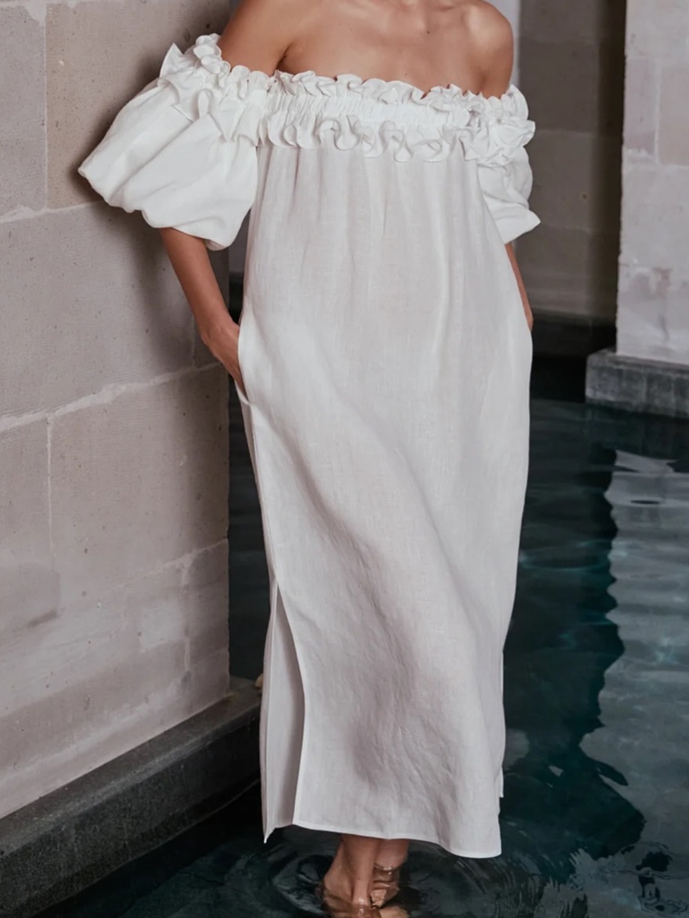 Piece of White Karla Dress Linen Midi Ruffle NWT S